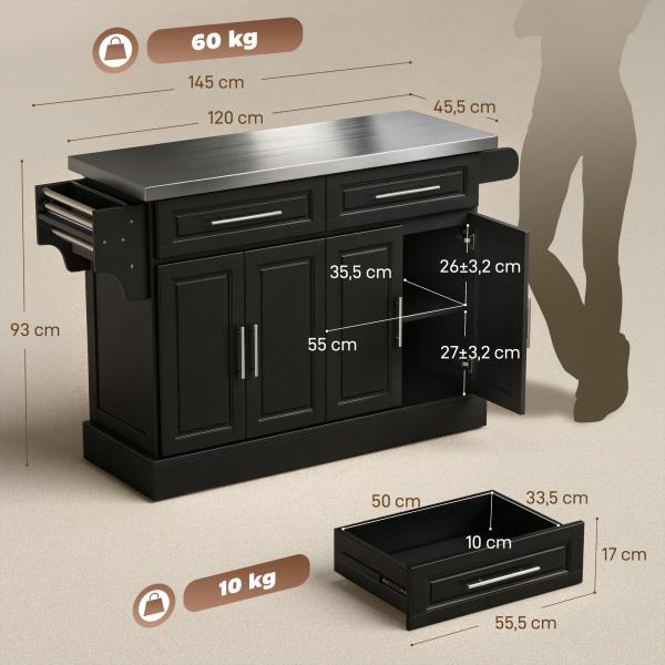 Ilha de Cozinha com Rodas Bancada de Aço Inoxidável 2 Gavetas 4 Portas e 2 Prateleiras Ajustáveis 145x45x93 cm Preto