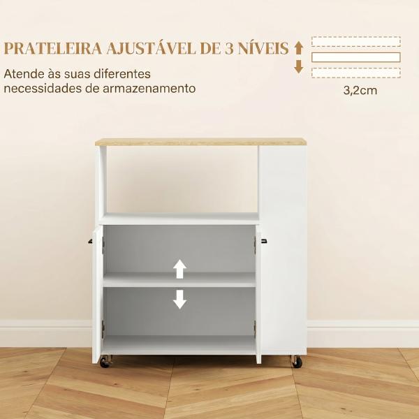 Carrinho de Cozinha com Rodas 2 Portas Prateleira Ajustável e Porta - Especiarias 75x40x80,5 cm Branco e Carvalho