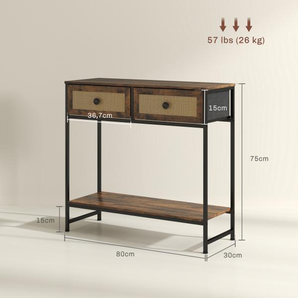 Mesa Consola Móvel de Entrada com Prateleira Aberta 2 Gavetas Frente em Vime Consola de Entrada 80x30x75 cm Marrom Rústico