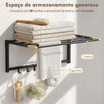 Toalheiro de Parede Dobrável com 5 Barras e 6 Ganchos Suporte para Toalhas para Casa de Banho Dobrável e Compacto 60x32,5x20 cm Preto