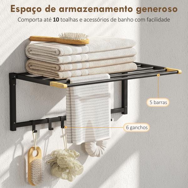 Toalheiro de Parede Dobrável com 5 Barras e 6 Ganchos Suporte para Toalhas para Casa de Banho Dobrável e Compacto 60x32,5x20 cm Preto