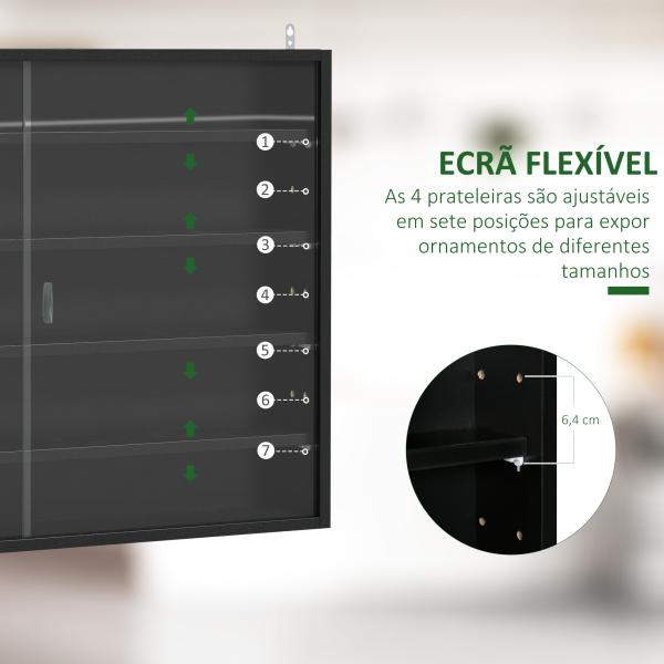 Vitrine de Parede de Madeira com Prateleiras Ajustáveis e 2 Portas Corredeiras de Vidro para Coleções Perfumes 80x9,5x60cm Preto