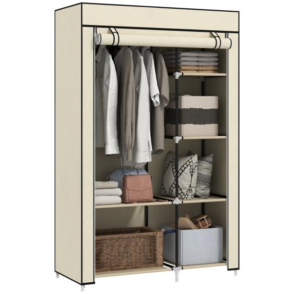 Roupeiro de Tecido Dobrável com 6 Prateleiras e 1 Barra de Pendurar para Dormitório Vestidor 103x43x162,5cm Creme