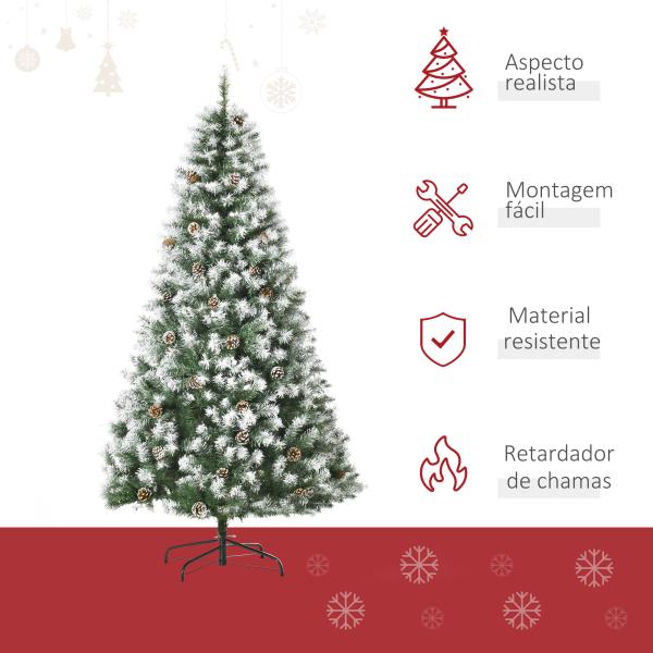 Árvore de Natal Artificial 180cm com 800 Ramos e 61 Pinhas Folhas de PVC com Efeito Neve Base Dobrável Verde