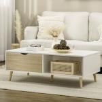 Mesa de Centro Retangular com 2 Gavetas e Compartimentos Abertos Estilo Nórdico 106x58x39,5cm Branco e Madeira