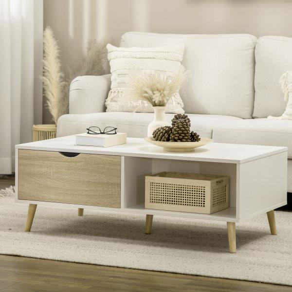 Mesa de Centro Retangular com 2 Gavetas e Compartimentos Abertos Estilo Nórdico 106x58x39,5cm Branco e Madeira