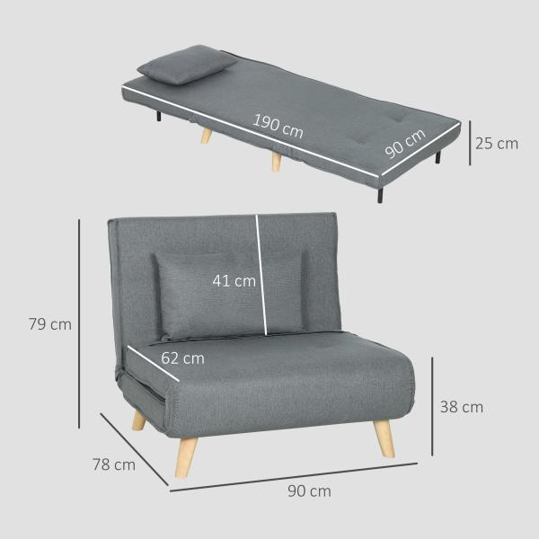 Poltrona 2 em 1 Sofá Cama Individual Dobrável com Encosto Ajustável e Almofada Carga 125 kg 90x78x79 cm Cinza