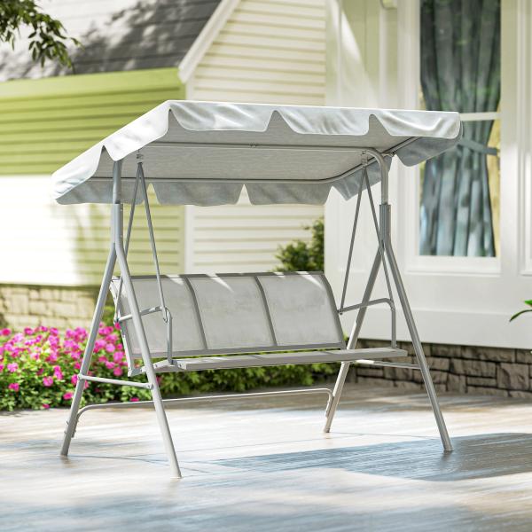 Baloiço Jardim de 3 Lugares com Toldo Ajustável Encosto Respirável e Estrutura de Metal Carga 240kg 171x108x154cm Cinza