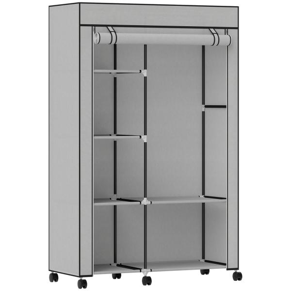 Roupeiro de Tecido Dobrável com 6 Prateleiras 1 Barra de Pendurar e Rodas para Dormitório Vestidor 103x43x162,5 cm Cinza