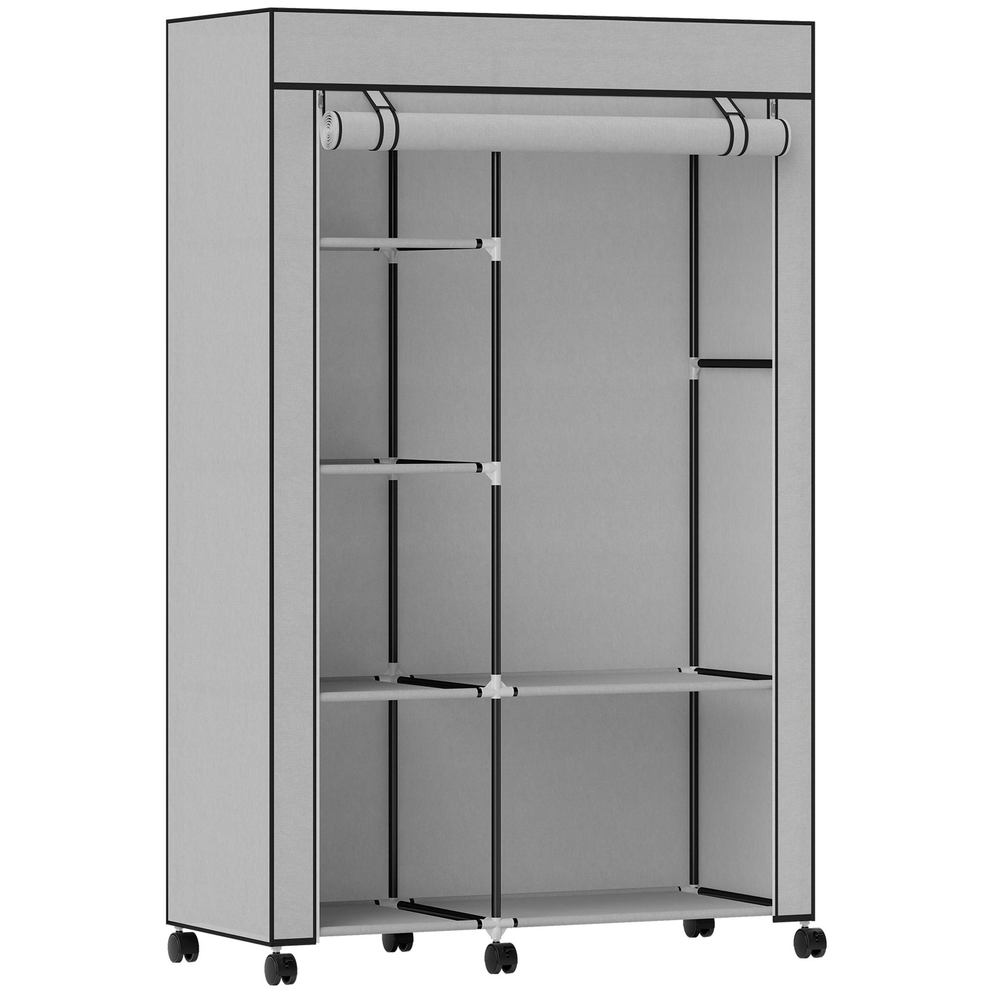 Roupeiro de Tecido Dobrável com 6 Prateleiras 1 Barra de Pendurar e Rodas para Dormitório Vestidor 103x43x162,5 cm Cinza