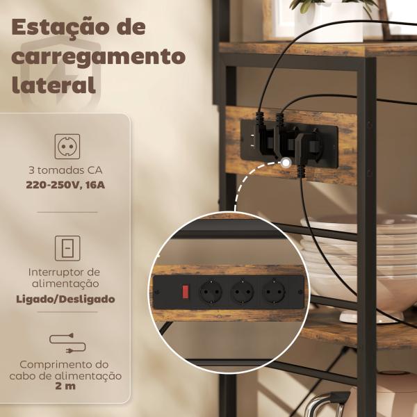 Estante de Cozinha com Três Tomadas e Luzes LED Estilo Industrial com Prateleiras para Micro - ondas 80x42x162 cm Castanho Rústico e Preto