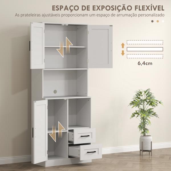 Armário de Cozinha Rústico Armário Alto de Cozinha com Portas Compartimentos Abertos Gavetas e Prateleiras Ajustáveis Anti - Tombo para Sala de Jantar 70x40x180 cm Branco