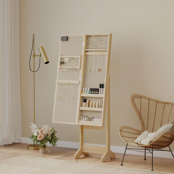 Espelho Joalheiro com Luzes LED Armário para Joias com Ângulo Ajustável Prateleiras Ranuras para Anéis 36x30x136 cm Madeira
