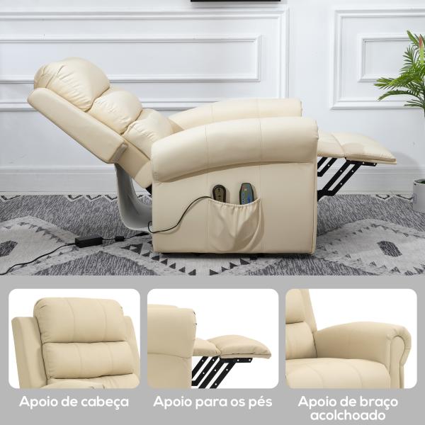 Poltrona Reclinável Elétrica Levanta Pessoas com Massagem Vibratória e Aquecimento 98x96x105 cm Creme