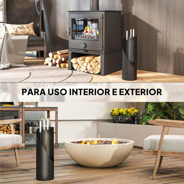 Conjunto de Acessórios para Lareira de 4 Peças de Metal com Vassoura Pá Atiçador e Balde 20x20x65 cm Prateado