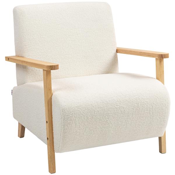 Poltrona Nórdica Poltrona Sala de Estar Estofada em Borrego com Apoio para os Braços de Madeira 74,5x76x78 cm Creme