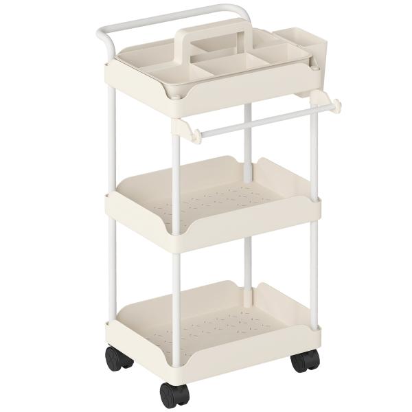 Carrinho Auxiliar com Rodas de 3 Níveis com Cestos Extraíveis Suporte para Toalhas e Estrutura de Metal 42x42,5x76 cm Branco