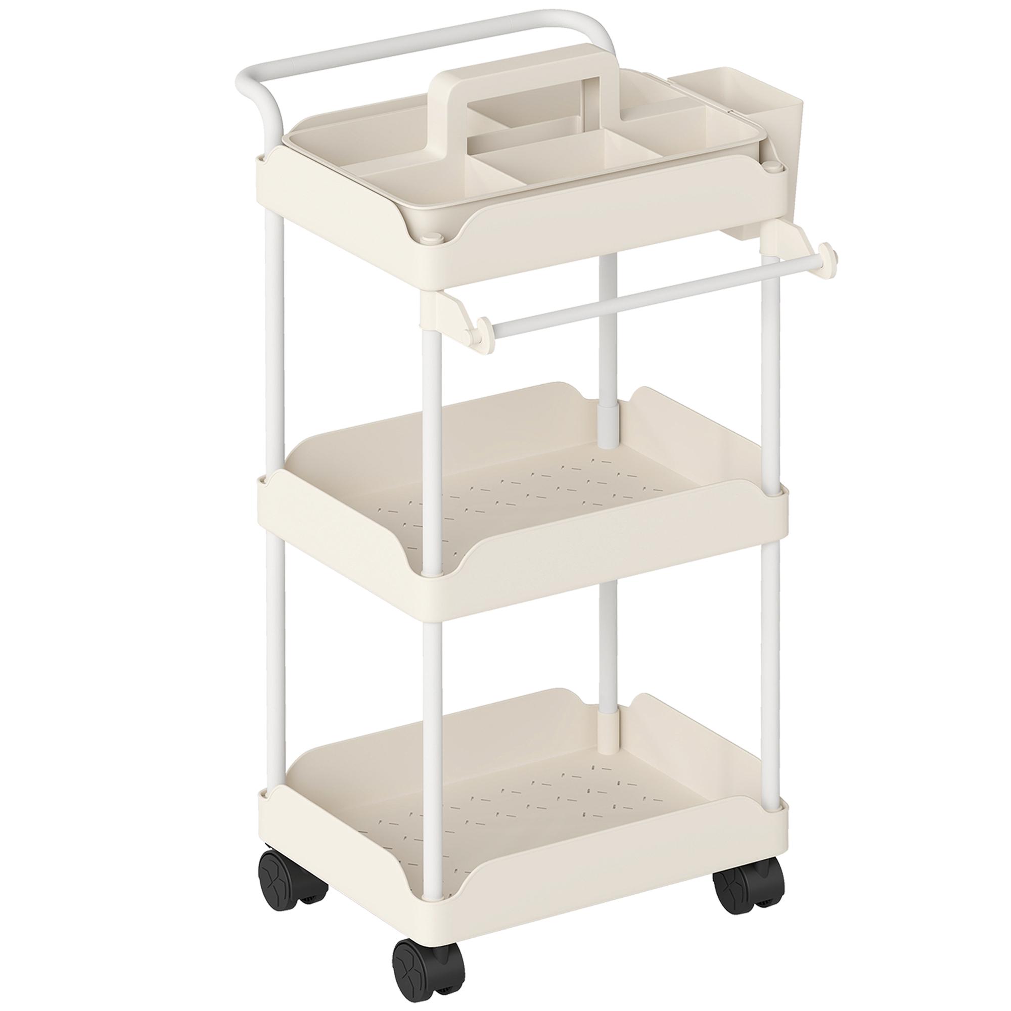Carrinho Auxiliar com Rodas de 3 Níveis com Cestos Extraíveis Suporte para Toalhas e Estrutura de Metal 42x42,5x76 cm Branco