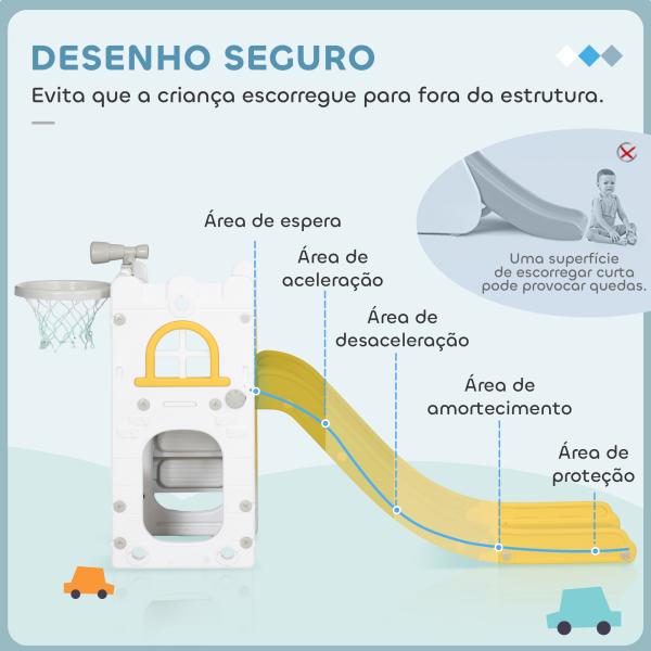Escorrega Infantil 4 em 1 para Crianças com Cesto de Basquetebol Telescópio Escalador e Espaço de Arrumação 70x177x92 cm Amarelo e Verde