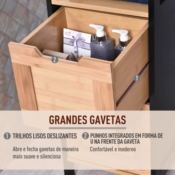 Coluna Casa de Banho com 3 Prateleiras e 2 Gavetas Armário Alto para Casa de banho Estilo Moderno 30x30x144,3 cm Madeira e Preto