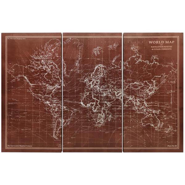 Quadros Decorativos Mapa Múndi Vintage Pintados à Mão 120x60 cm Quadros de Arte de Parede com Moldura de Madeira Castanho