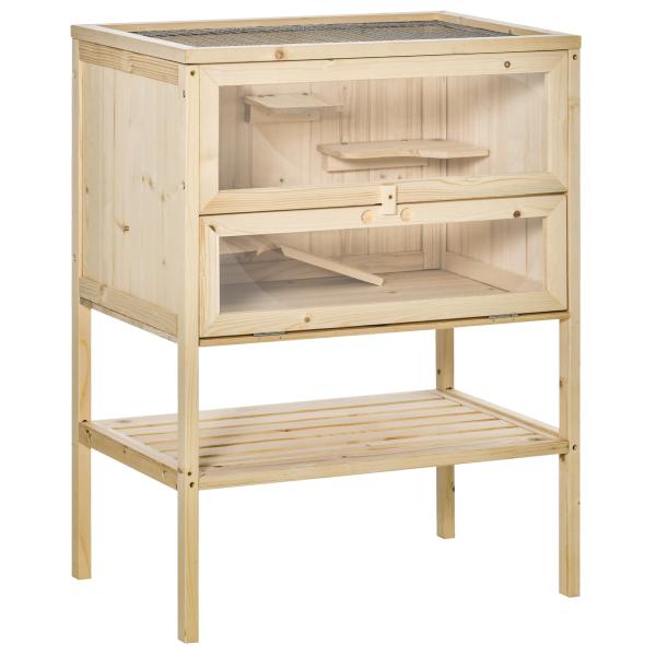 Gaiola de Madeira para Hamster com 5 Plataformas Rampa Dobrável Janela de Acrílico e Prateleira Inferior 60x40x80 cm Madeira Natural