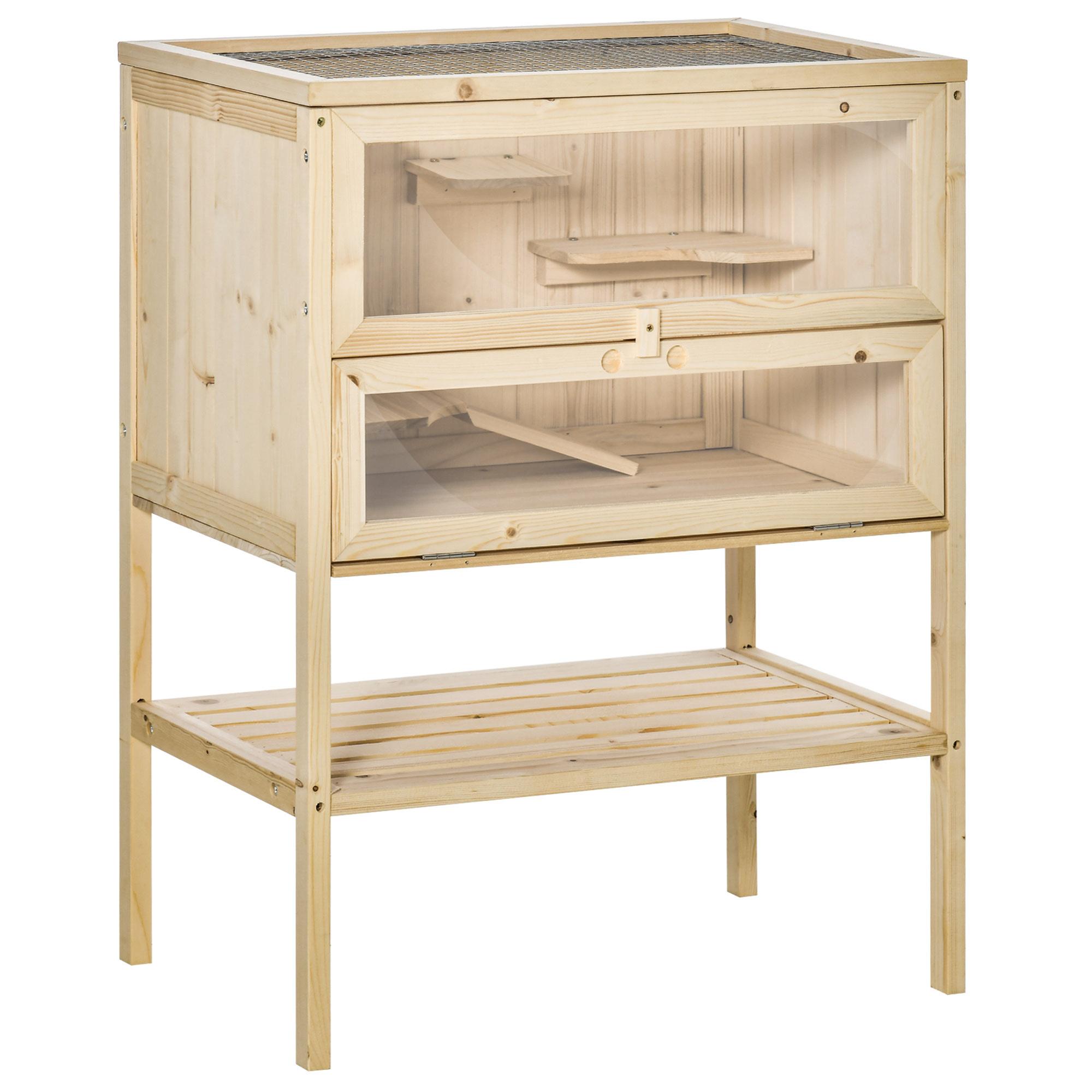 Gaiola de Madeira para Hamster com 5 Plataformas Rampa Dobrável Janela de Acrílico e Prateleira Inferior 60x40x80 cm Madeira Natural