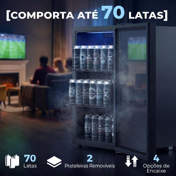 Frigorífico de Bebidas 70 L com Porta de Vidro Duplo Iluminação LED 2 Prateleiras Ajustáveis para 70 Latas