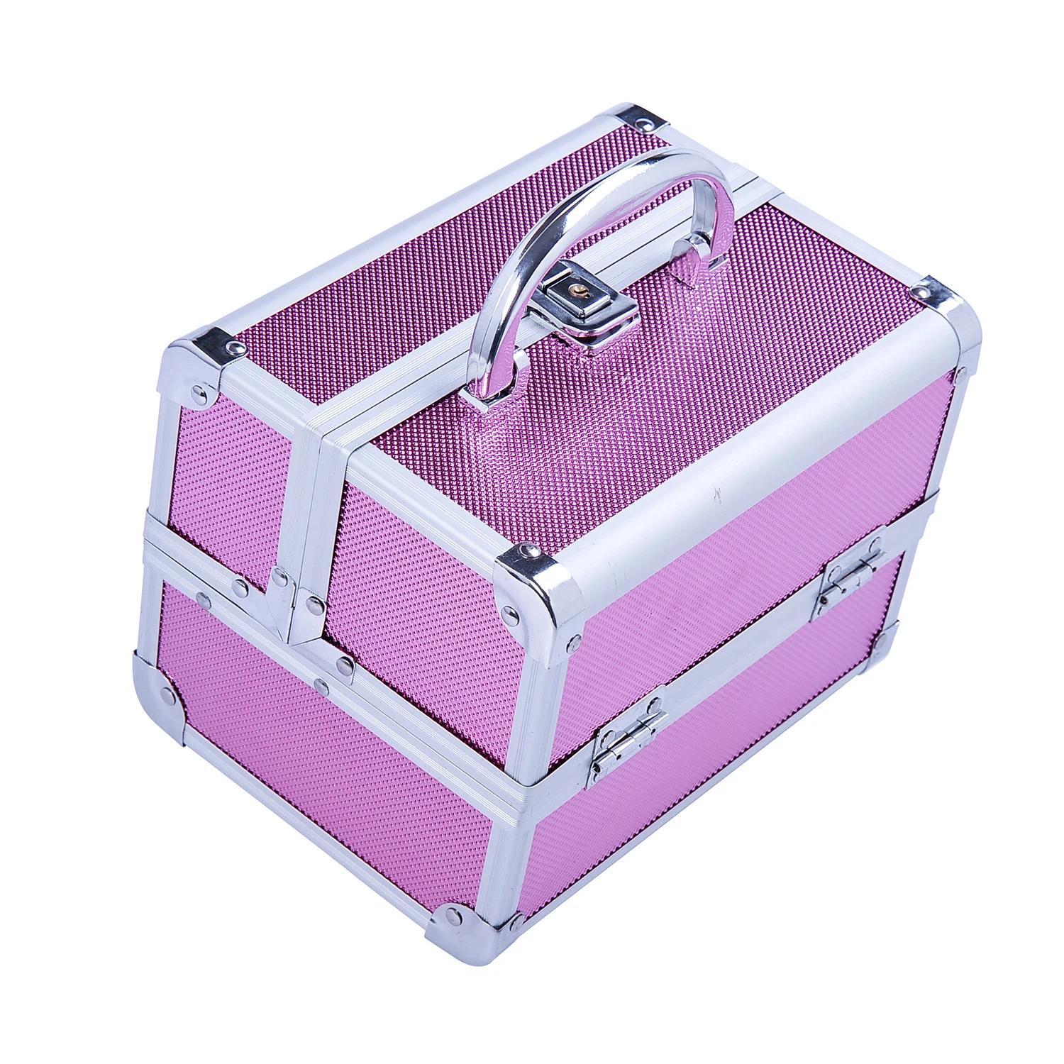 Estojo de Maquiagem Profissional Portátil de Cosméticos com Bandejas de 3 Níveis e Espelho 2 Chaves para Porta - Joias Manicure 15x15x20cm Rosa