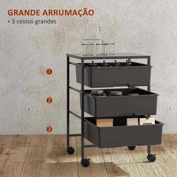 Carrinho Auxiliar com Rodas Carrinho de Cozinha de 3 Níveis com 3 Cestos e Estrutura de Aço 40,8x33,5x60,5 cm Preto