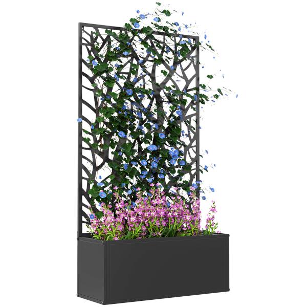 Floreira de Metal com Ecrã de Privacidade com Ramos Decorativos Floreira de Parede ou Independente 61x23x113 cm Preto