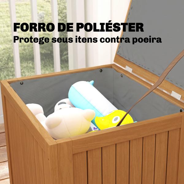 Baú de Exterior em Madeira 130L Arca de Armazenamento com Forro Tampa Articulada e Correia 63x51x58,5 cm Castanho