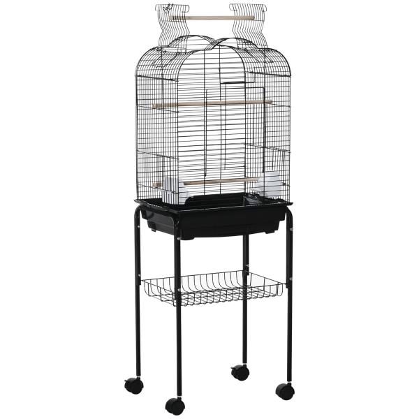 Gaiola para Passáros com Suporte Gaiola com 4 Rodas Teto com Abertura 2 Comedouros 3 Poleiros Bandeja Removível e Prateleira Inferior 46x36x130 cm Preto