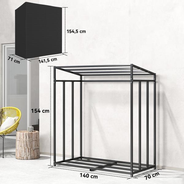 Suporte Metálico para Lenha 140x70x154 cm com Capa Impermeável 600D Oxford Estrutura de Aço Preto