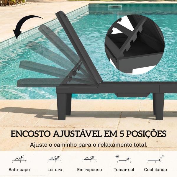 Conjunto de 2 Espreguiçadeiras Reclináveis em Plástico PP com Bandeja Lateral e Encosto Ajustável 5 Níveis 192x57x28,5 cm Preto