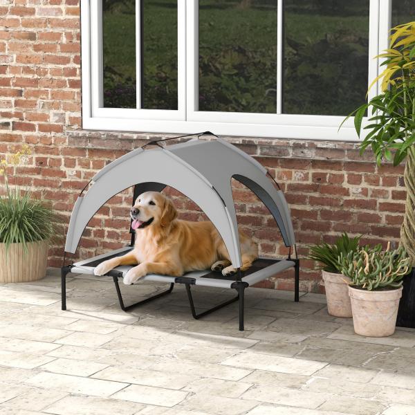 Cama Elevada para Cães com Toldo Estrutura de Aço e Bolsa de Transporte para Interior e Exterior 106x76x94 cm Cinzento Claro