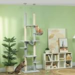 Arranhador para Gatos do Chão ao Teto 225 - 255 cm com 7 Níveis Rede Plataformas Postes de Arranhar Cinza