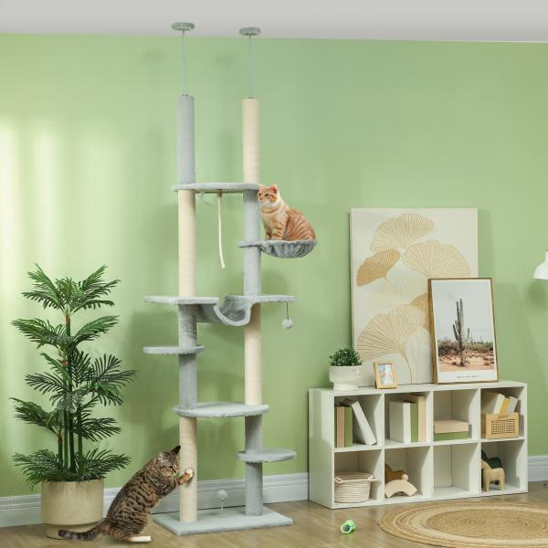 Arranhador para Gatos do Chão ao Teto 225 - 255 cm com 7 Níveis Rede Plataformas Postes de Arranhar Cinza