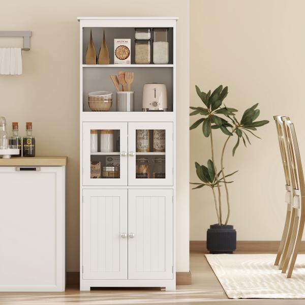 Armário de Cozinha com 2 Portas de Vidro Temperado 2 Prateleiras Abertas e Armário com Prateleira Ajustável 60x30x162 cm Branco