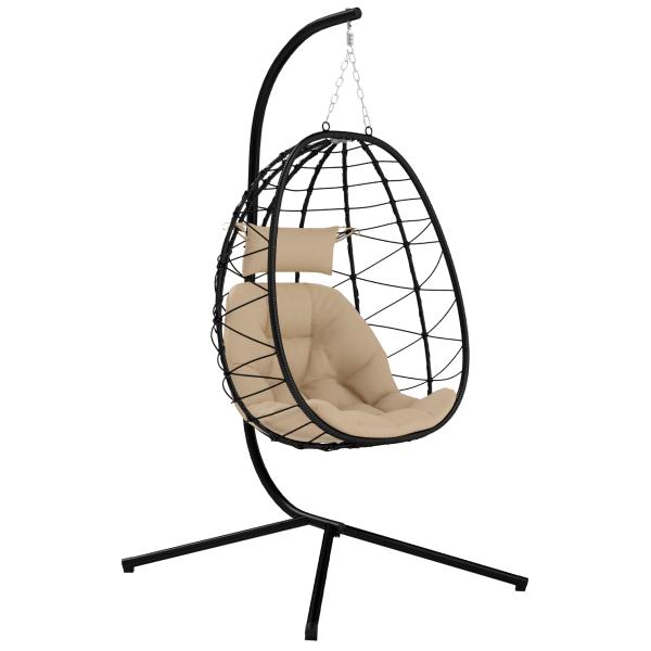 Cadeira Suspensa com Suporte Baloiço Jardim com Cesto Dobrável Almofada e Apoio de Cabeça 98x95x198 cm Caqui