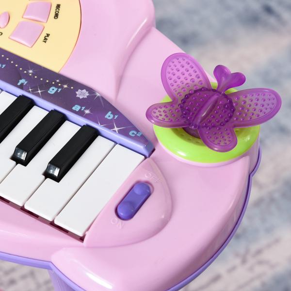 Piano Eléctrico Infantil 32 Teclas Piano Infantil com Microfone Banquinho Luzes Ritmos Sons MP3 Karaoke Rosa
