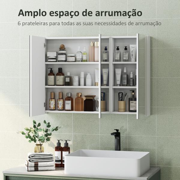 Armário de Casa de Banho com Espelho Armário de Parede Casa de Banho Suspenso com 3 Portas Prateleiras Ajustáveis 91,5x11,5x65 cm Branco