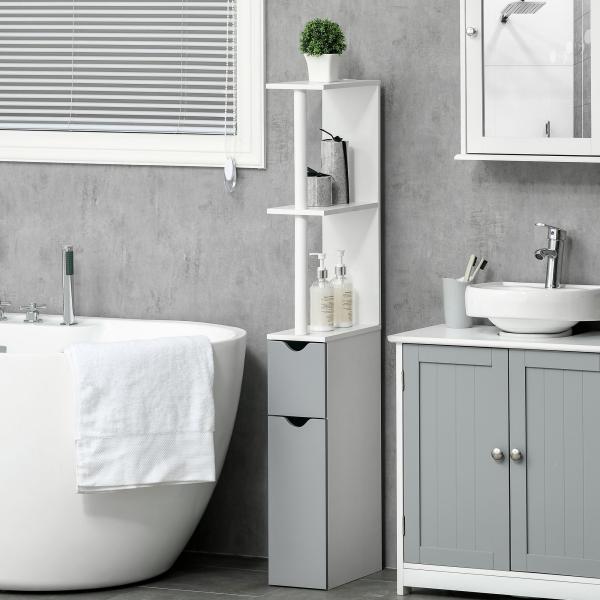 Coluna Casa de Banho com 2 Portas e 2 Prateleiras Abertas Estilo Moderno 15,2x29,8x118cm Branco e Cinza