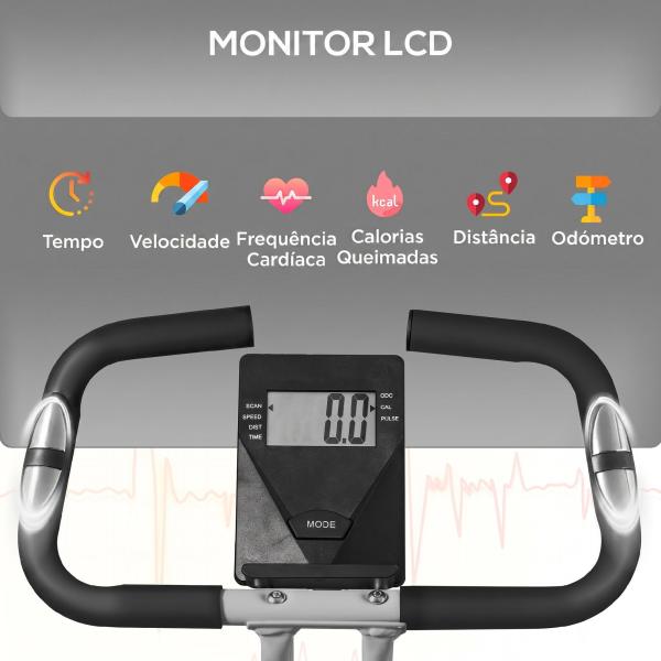 Bicicleta Estática Dobrável Silenciosa com 8 Níveis de Resistência, Monitor LCD, Assento Ajustável e Rodas, Cinzento