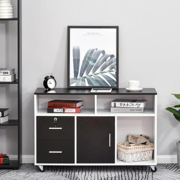 Móvel Auxiliar de Escritório Móvel Arquivador com Rodas Prateleiras Gaveta e Armário Multiuso com Grande Armazenamento 100x35x65cm Preto e Branco