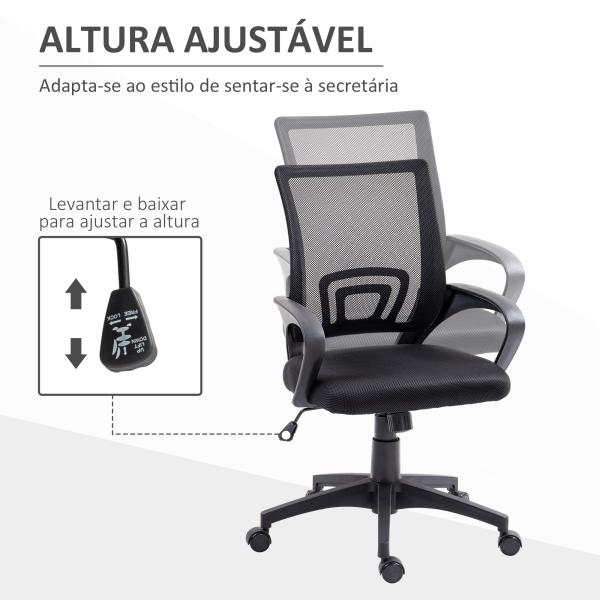 Cadeira de Escritório de Malha Giratória com Altura Ajustável Função Basculante e Apoio para os Braços 57x55x89 - 109 cm Preto