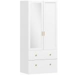 Roupeiro com 2 Portas e 2 Gavetas Armário Roupeiro com Espelho Barra para Pendurar Estilo Moderno 80x50x180 cm Branco