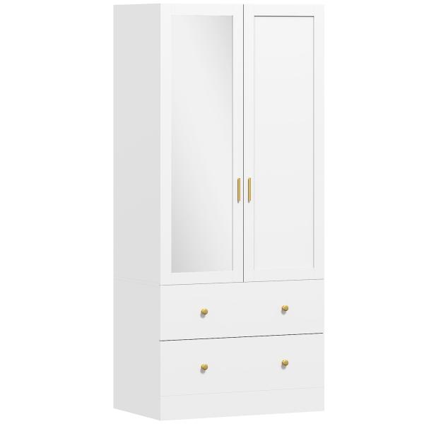 Roupeiro com 2 Portas e 2 Gavetas Armário Roupeiro com Espelho Barra para Pendurar Estilo Moderno 80x50x180 cm Branco