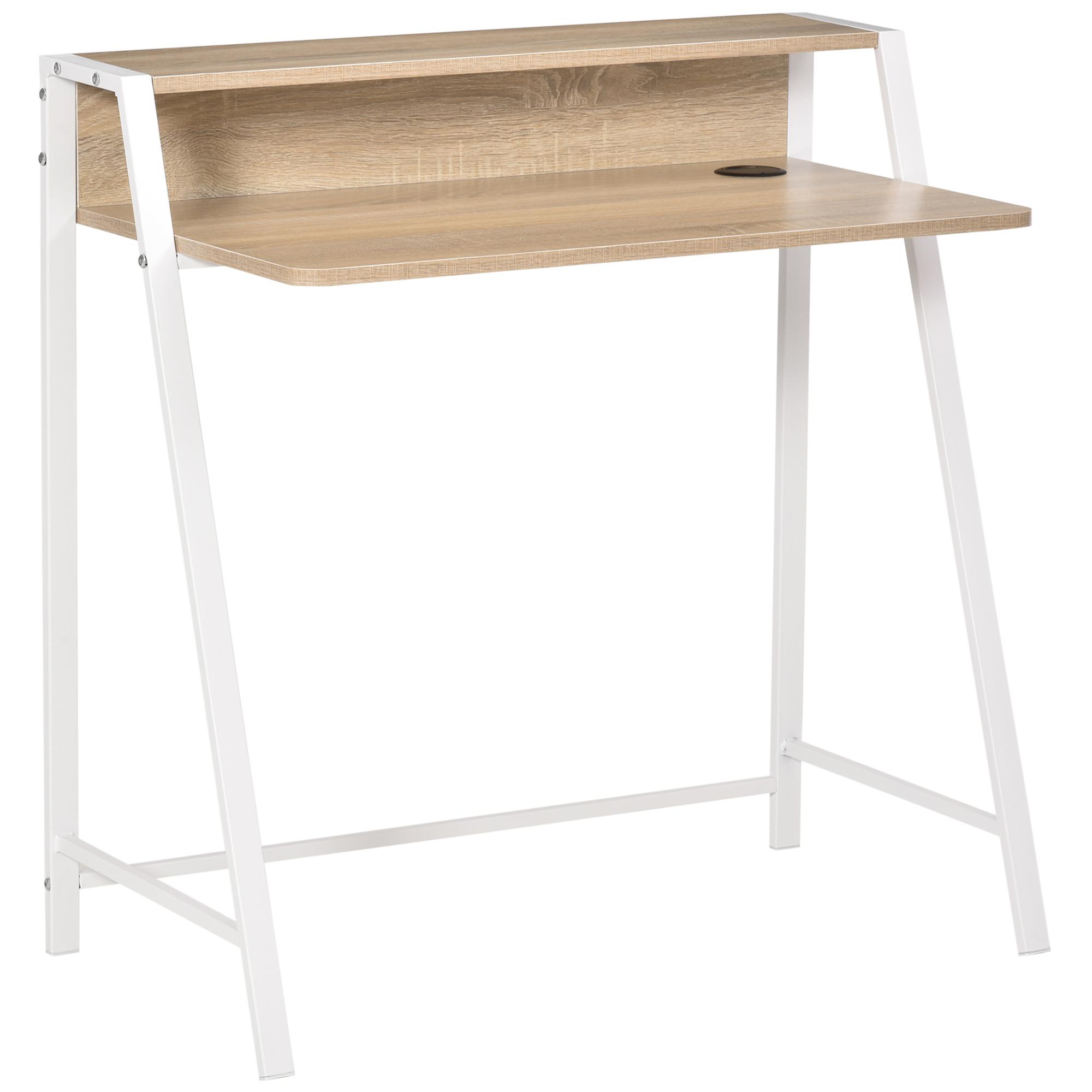Secretária Mesa de Computador 84x45x85cm com Bancada de Madeira e Pés de Metal Estilo Moderno Carvalho e Branco