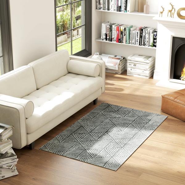 Tapete Sala de Estar 170x120 cm Tapete Lavável na Máquina de Lavar Pelo Curto Estilo Moderno Cinzento Escuro